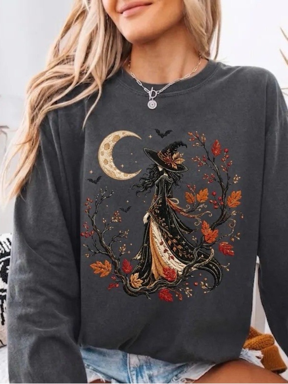 Charcoal Witch Moon Graphic Sweatshirt with Autumn Accent